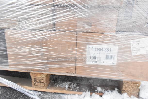 Pallet of wrapped boxes labeled LBH-881, containing 42 new scratch and dent items, including Arcoroc glasses.