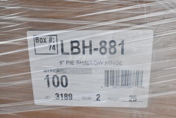 Box label reading "Box #74 LBH-881 8" Pie Shallow Hinge". Contains 100 items per case. JD: 3189. Shift: 2. INSP: 25.