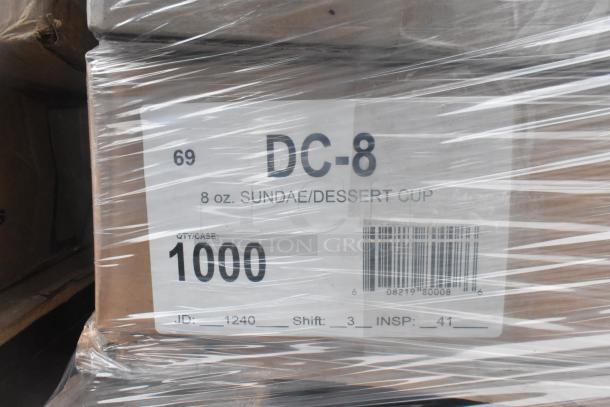 Plastic-wrapped box labeled "DC-8" containing 1000 8 oz. sundae/dessert cups. ID: 1240, Shift: 3, Insp: 41.