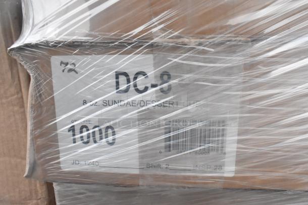 Pallet of 8 oz. sundae/dessert cups in labeled boxes, sealed in transparent wrap. Slated for auction as part of a scratch and dent lot.