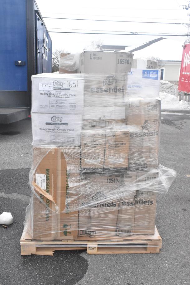 Pallet of 27 assorted brand-new scratch and dent items. Includes takeout containers, portion cups, gloves. Wrapped for transport.