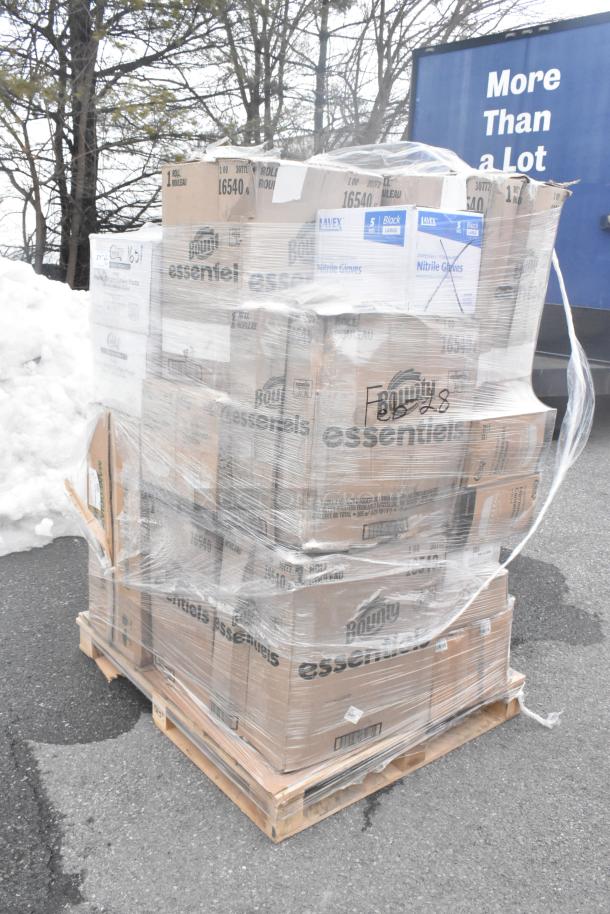 Pallet with 27 brand new scratch and dent items, including Bounty essentials, take-out containers, and nitrile gloves.