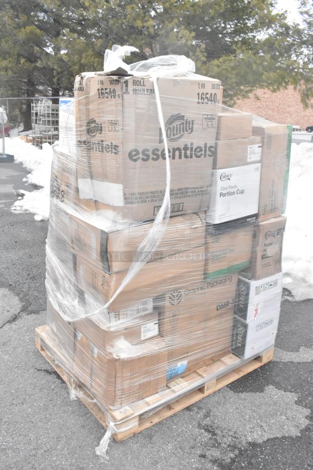 Pallet of 27 scratch and dent items, including Bounty paper towels, Choice portion cups; brand new, wrapped in plastic.