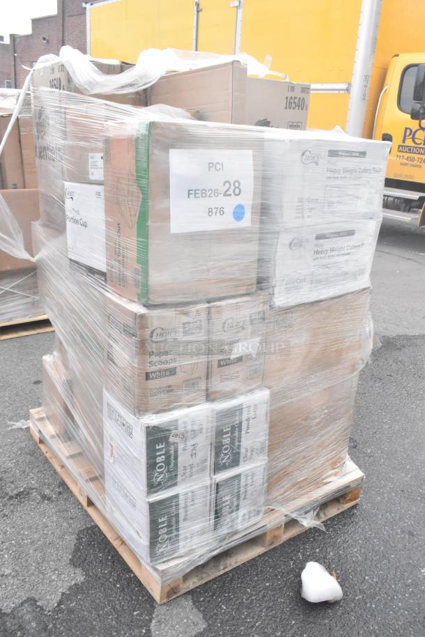 Shrink-wrapped pallet of new scratch and dent items, including take-out containers, portion cups, and gloves, several boxes labeled PCI and Noble.