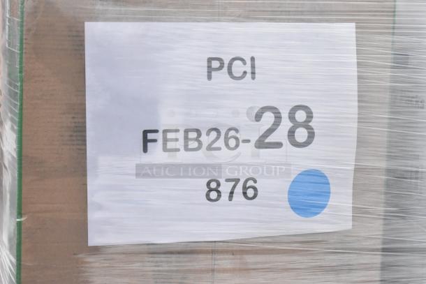 Pallet wrapped with items, labeled "PCI FEB26-28 876" and blue dot, containing 27 new and dented food service items.