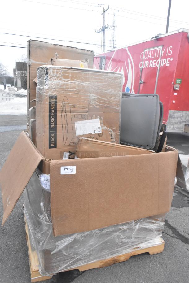 Pallet of 18 new scratch and dent items including shelves and tables in boxes, showing labels and packaging.