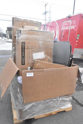 Pallet of 18 new scratch and dent items including shelves and tables in boxes, showing labels and packaging.