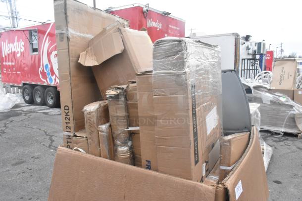 New scratched and dented items including shelf, equipment stand, and work tables in packaging. Labels indicate model PTK-212KD.