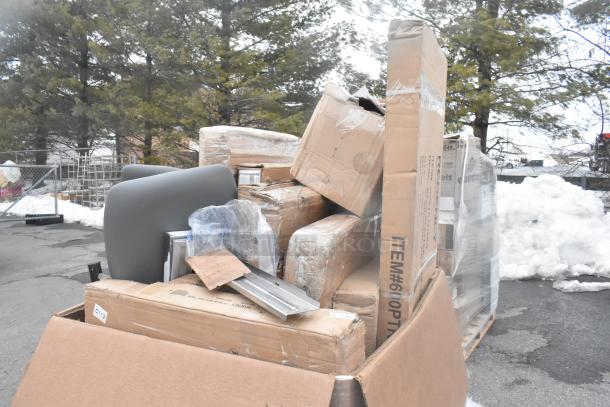 18 new scratch and dent items, including a shelf, equipment stand, and work tables in original packaging, outdoor setting.