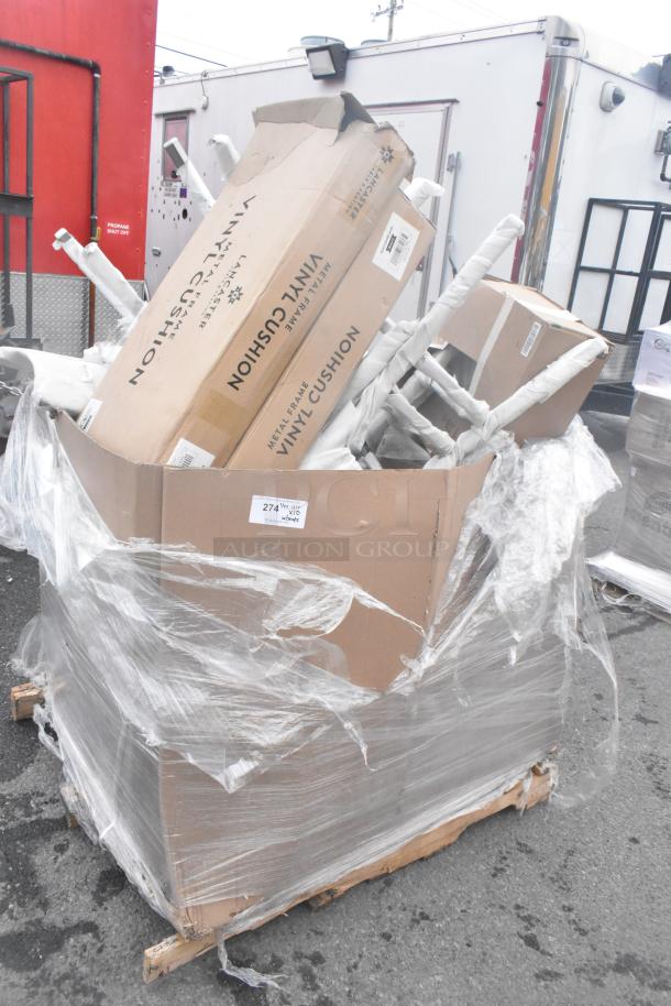 Box with new scratch and dent chairs and vinyl seat cushions, wrapped on a pallet. Tag indicates 10 items per box.