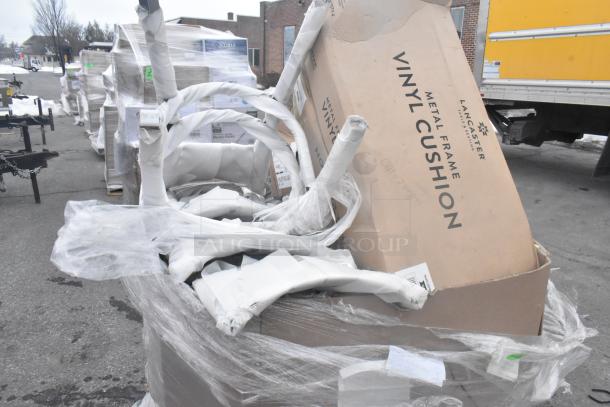 10 brand new scratch and dent chairs with vinyl seat cushions, wrapped in plastic, Lancaster branding visible on box.