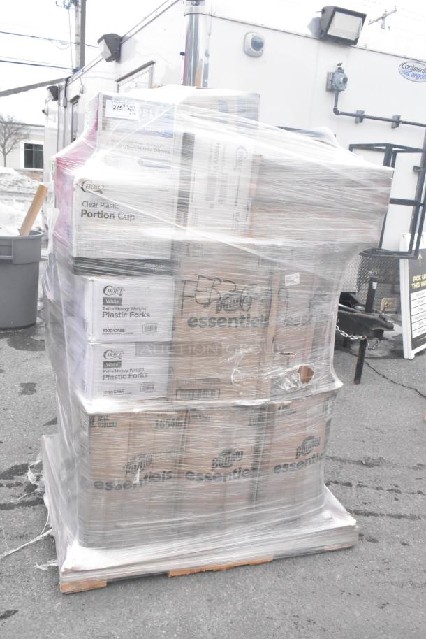 Pallet of assorted items, including Bounty paper towels, Choice plastic forks, and portion cups, wrapped in plastic, scratch and dent condition.