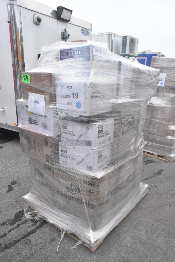 Pallet with 24 scratch and dent items; includes paper towels, portion cups, forks, and containers. Wrapped and labeled "SKID 2 OF 3".