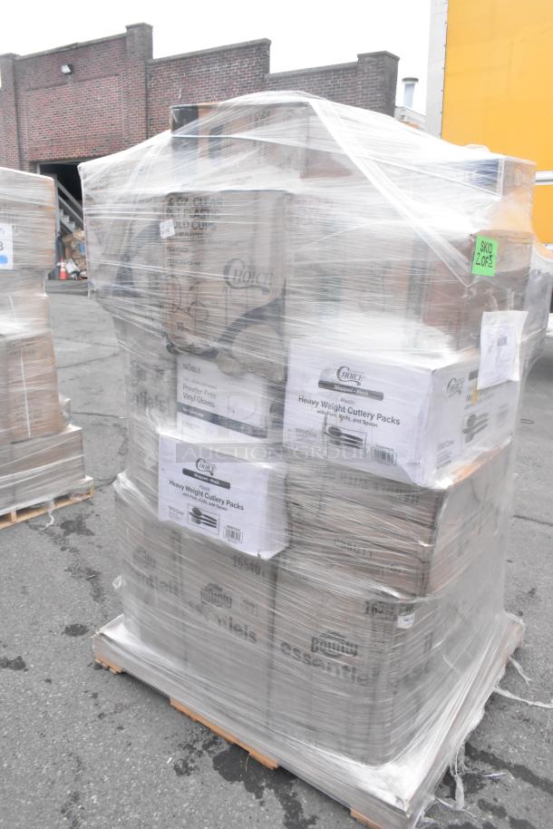 Sealed pallet of 24 new scratch-and-dent items, including paper towels, portion cups, forks, and take-out containers.