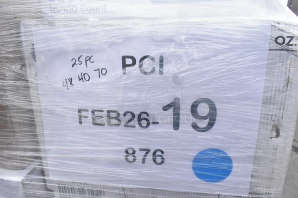 24 new scratch and dent items; includes paper towel rolls, portion cups, forks, takeout containers; packaging marked "PCI FEB26-19."