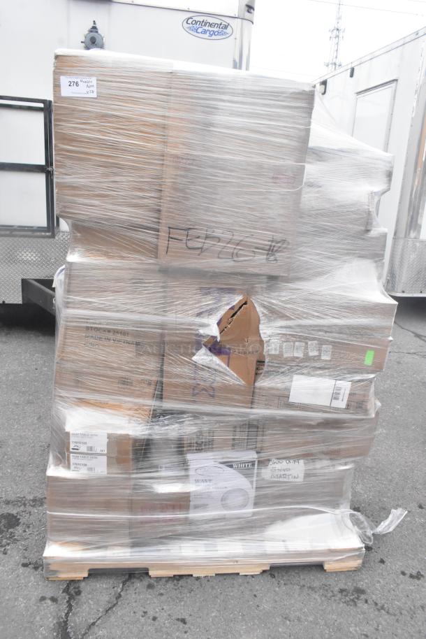 Pallet of 28 new scratch and dent items, including Roller Grill Sneeze Guard, Can Opener, Door Gasket, shrink-wrapped.