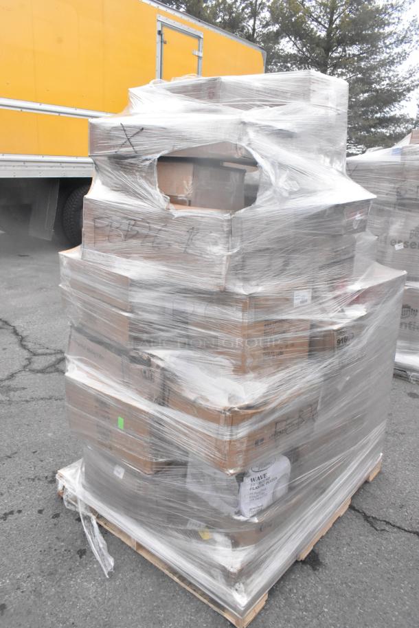 28-pack pallet of scratch and dent items, including roller grill sneeze guard, can opener, and door gasket, wrapped in plastic.