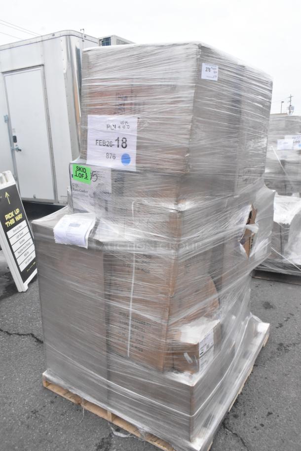Pallet of 28 scratch and dent items, shrink-wrapped. Includes roller grill sneeze guard, can opener, door gasket.