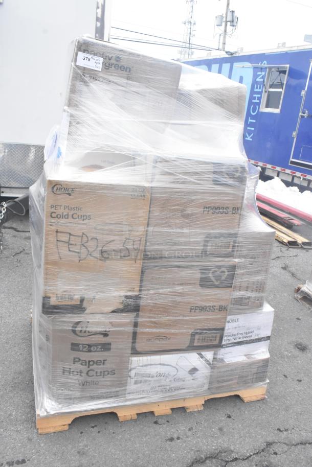 Pallet of new scratch and dent items including PET cold cups, paper hot cups, food trays, wrapped in plastic.