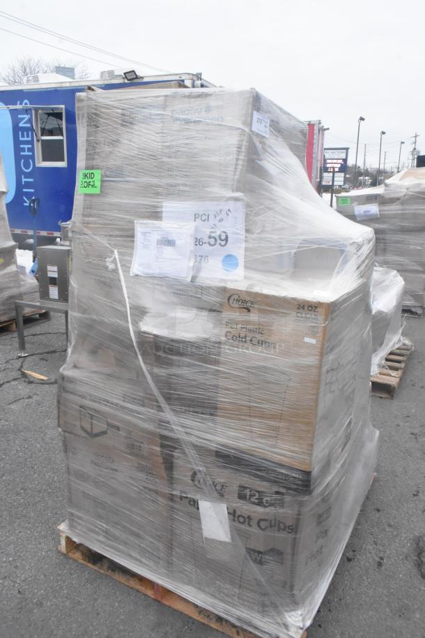Wrapped pallet containing various new scratch and dent items, including food trays, paper towels, take-out containers, and straws.