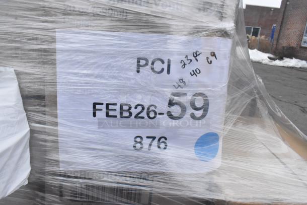 Pallet with wrapped items labeled "PCI FEB26-59 876," includes food trays, paper towels, takeout containers, straws.