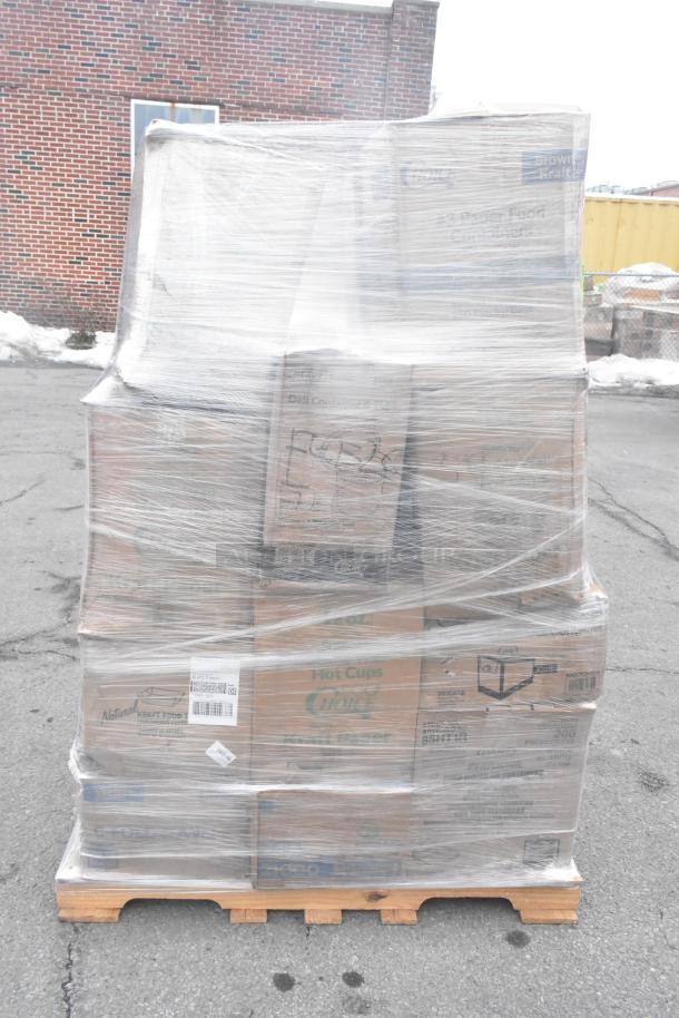 Pallet of 26 scratch and dent items, shrink-wrapped. Includes food trays, paper towels, take-out containers, and straws.