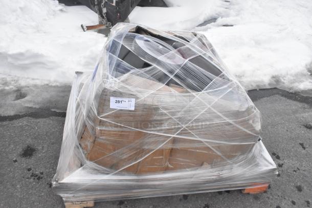 "Brand new Viper Shovelnose 18-gallon wet/dry vacuum wrapped on pallet, minor scratches. Includes squeegee, tool kit. Auction tag visible."