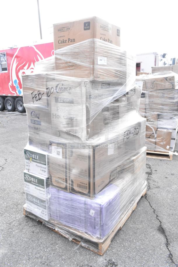 Pallet of 35 new scratch and dent items, including Baker's Lane cake pans, Choice hot cups, and Noble gloves, wrapped in plastic.
