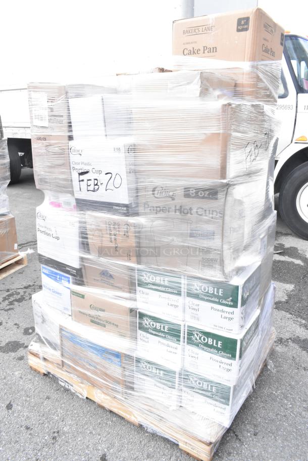 Pallet of 35 new scratch and dent items: take out containers, toilet paper, food cups, gloves; various brands and sizes.