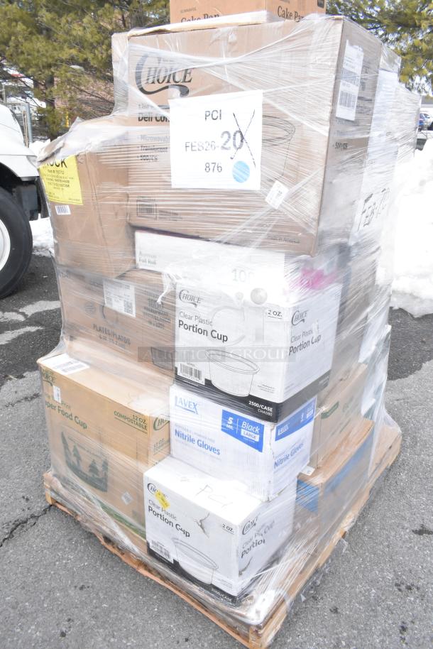 Pallet with 35 new scratch and dent items including take-out containers, toilet paper, food cups, and gloves, wrapped in plastic.