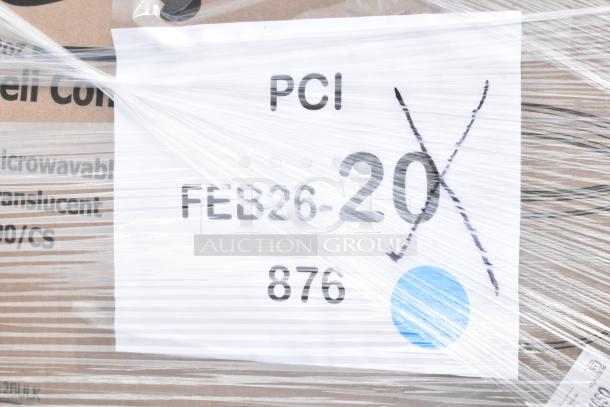 Pallet of 35 items including scratch and dent takeout containers, toilet paper, food cups, and gloves, wrapped in plastic.