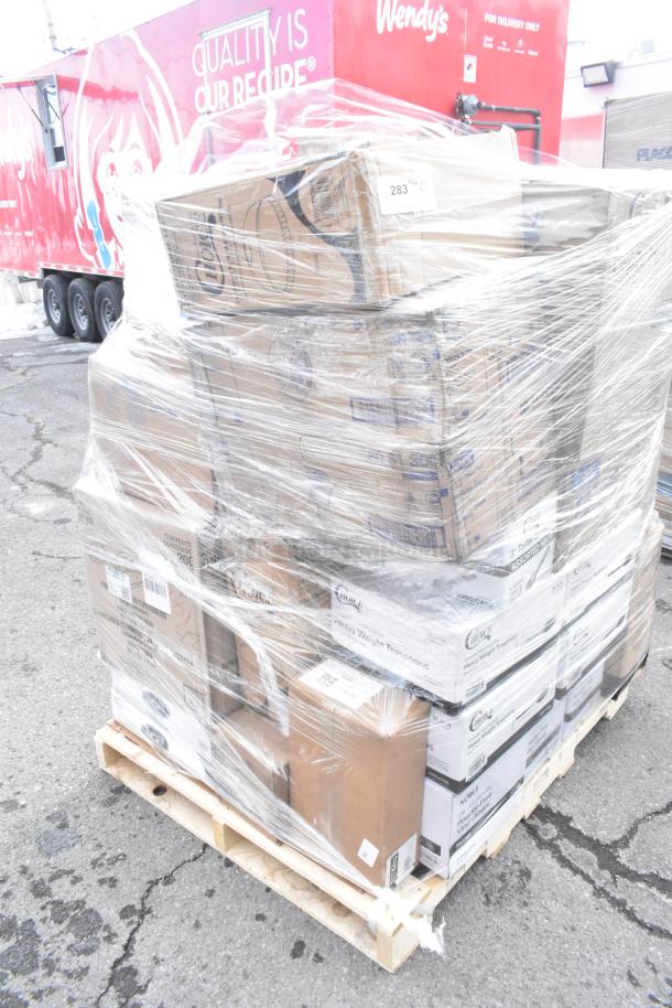 Pallet of 33 brand new scratch-and-dent items including food trays, paper bags, towels, and gloves, wrapped in plastic.