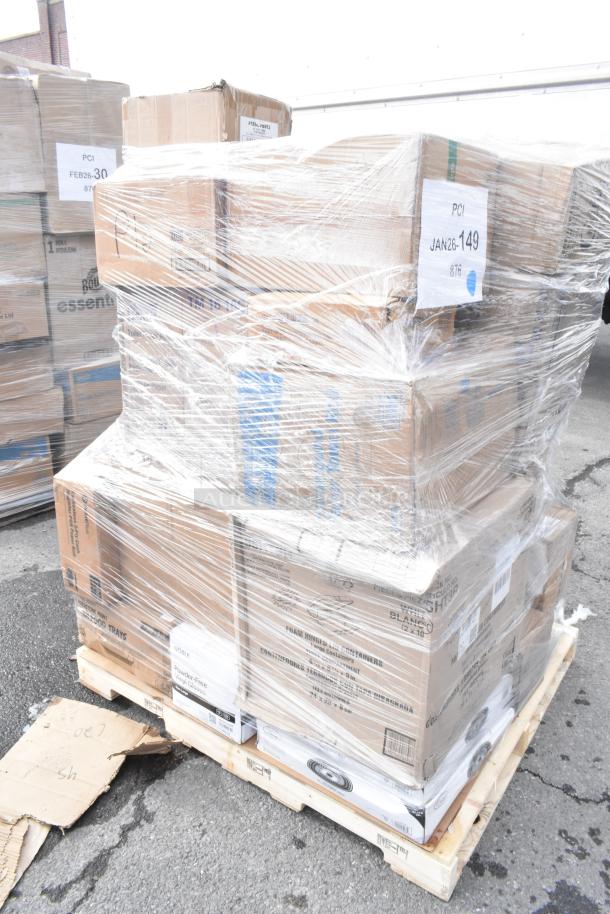 Palette of 33 brand new scratch and dent items wrapped in plastic, includes food trays, paper bags, towels, gloves. Labels visible.