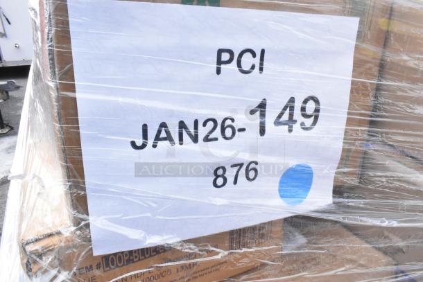 Pallet wrapped items with label "PCI JAN26-149 876," containing food trays, paper bags, towels, gloves. Brand new, scratch and dent.