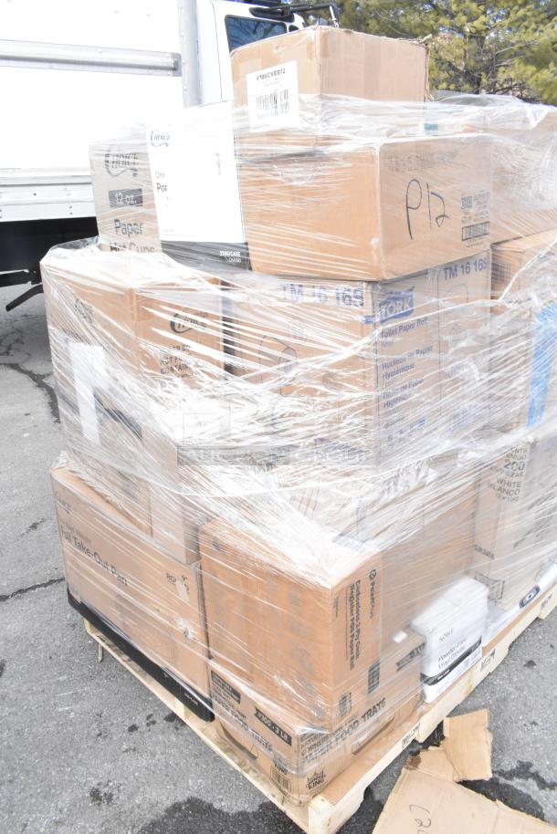 Pallet of 33 assorted new items wrapped in plastic, including food trays, paper bags, towels, and gloves. Boxes marked and labeled.