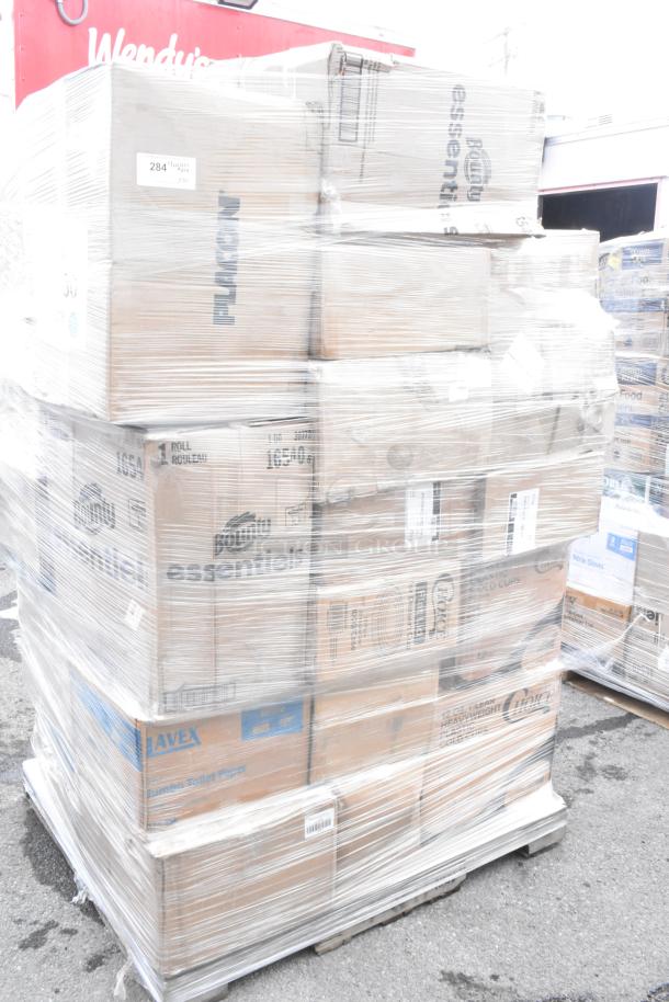 Pallet of 30 new boxed items, including takeout containers, hot cups, wrap paper, and paper towels, wrapped in plastic.
