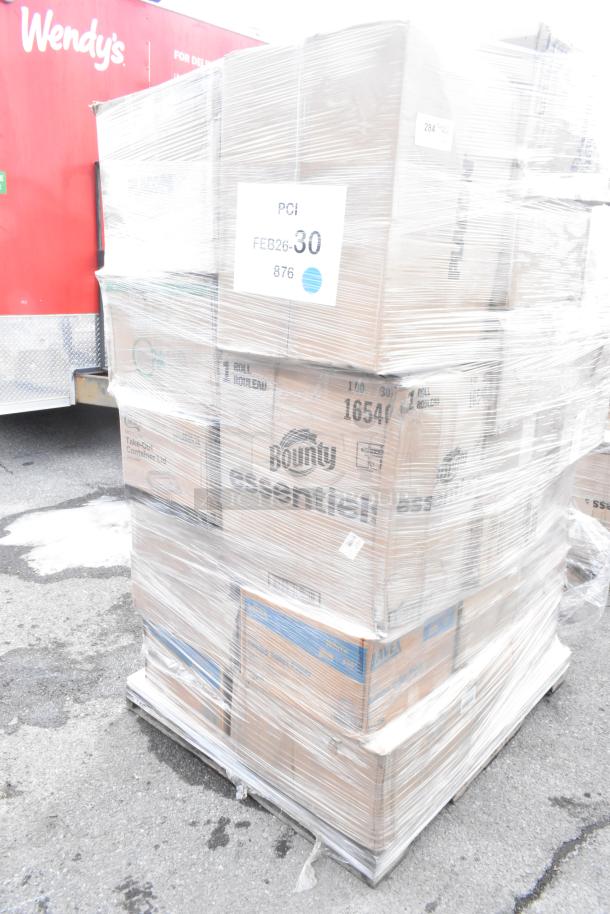 Pallet of 30 brand new scratch and dent items, including take-out containers, hot cups, wrap paper, and paper towels.