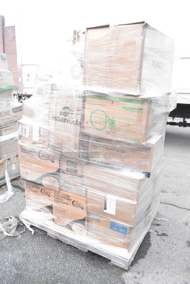 Pallet of assorted boxes including take-out containers, hot cups, wrap paper, and paper towels, shrink-wrapped for auction.