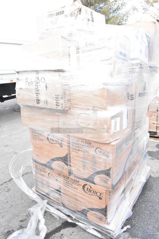 Pallet of 30 scratch and dent items, including take out containers, hot cups, and wrap paper, wrapped in plastic. Labels show "Choice" brand.