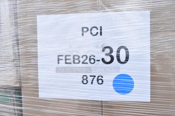 Pallet of 30 brand new scratch and dent items, including take-out containers, hot cups, and paper towels. Labeled PCI FEB26-30 876.