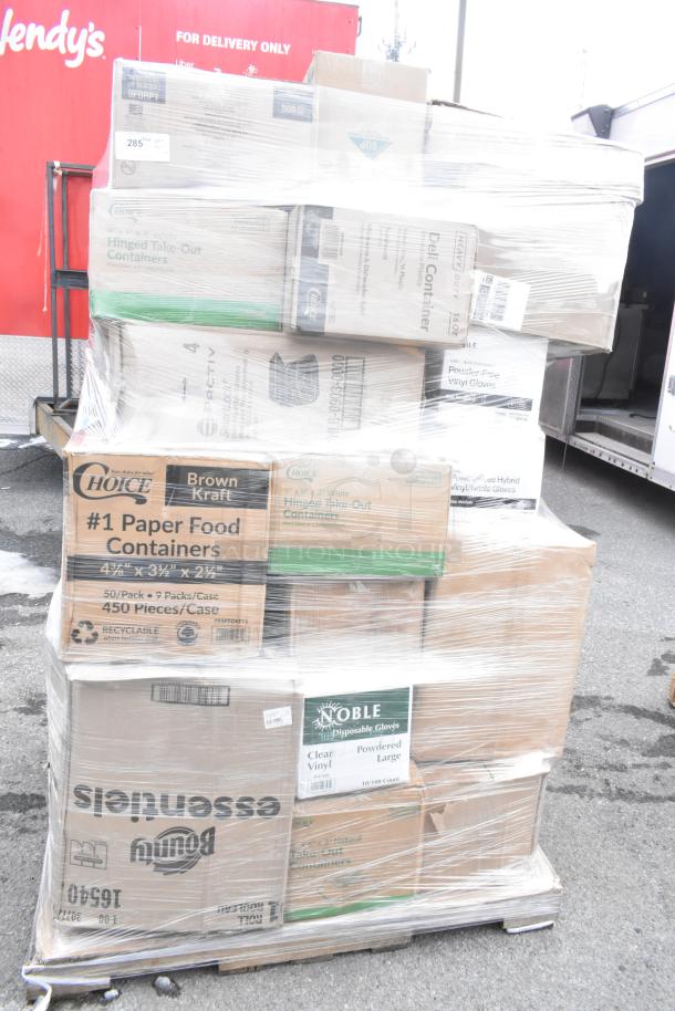 Pallet of 34 new assorted scratch and dent items, including fiber plates, food trays, gloves, and T-shirt bags, wrapped in clear plastic.