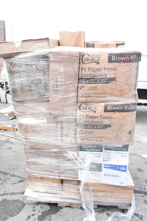 Pallet of 34 brand new scratch and dent items including fiber plates, food trays, gloves, T-shirt bags. Visible Choice labels.