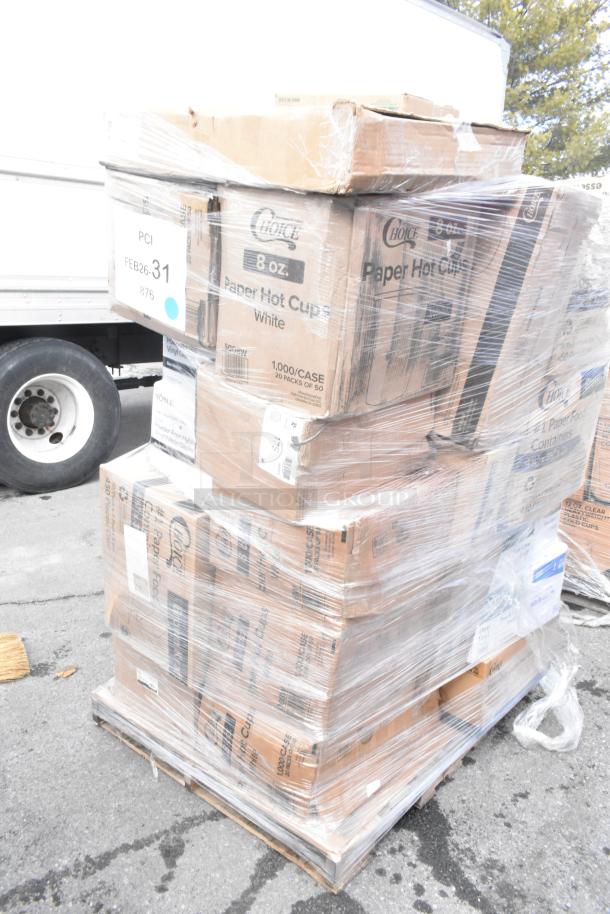 Pallet of boxed items wrapped in plastic, including fiber plates, food trays, gloves, T-shirt bags. Scratch and dent condition.