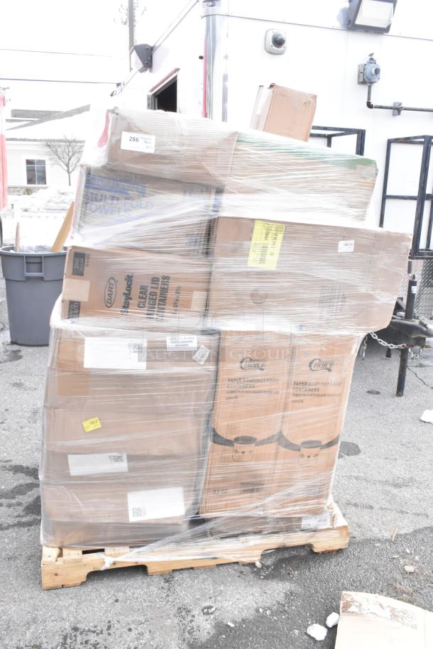 Pallet of 27 brand new scratch and dent boxes containing cold cups, hot cups, towels. Boxes wrapped in plastic. Tags show item details.
