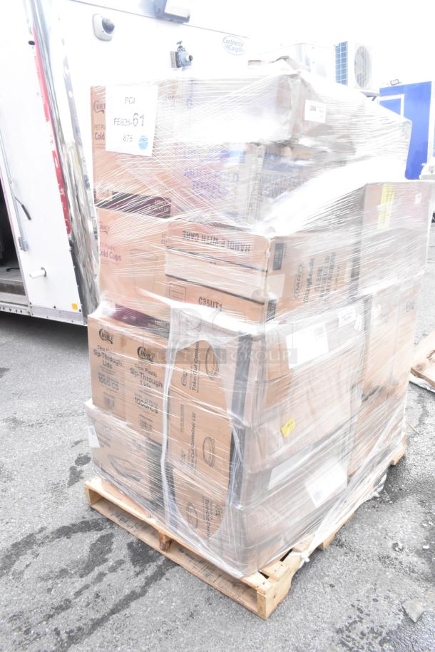 Pallet of 27 new scratch and dent items, including cold cups, hot cups, and towels. Boxes are shrink-wrapped for auction.