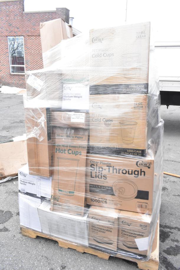 Pallet of new scratch and dent items, including Choice brand cold cups, hot cups, and sip-through lids. Plastic wrap intact.