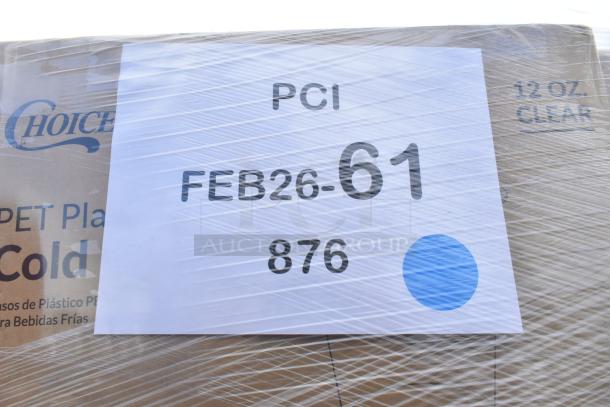 Packaging of scratch and dent items, including cold and hot cups, covered in plastic wrap. Label reads "PCI FEB26-61, 876."