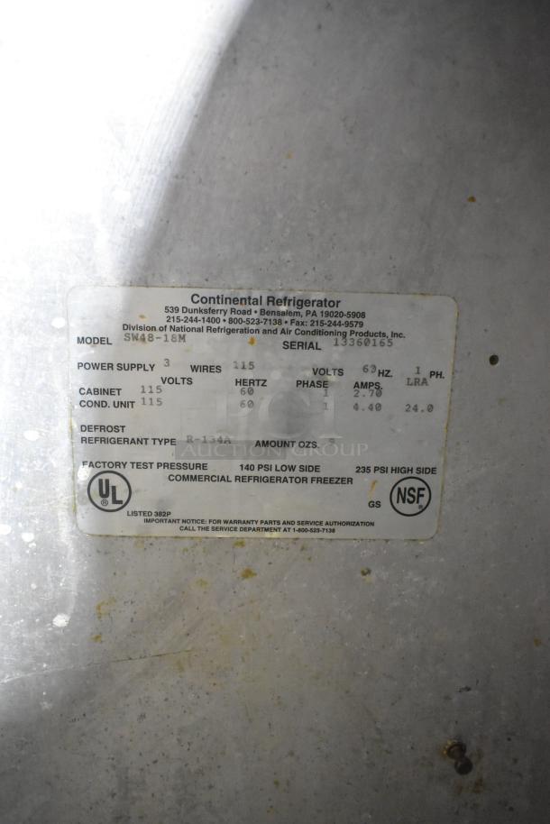 Continental SW48-18M prep table label showing model, serial number, electrical, and refrigerant details. 115V, 1-phase.