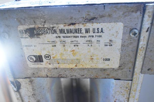 Hatco GRFFBL Countertop Food Warmer, 120V, 1 Phase. Visible wear, UL and NSF certified. Model and specs label shown.