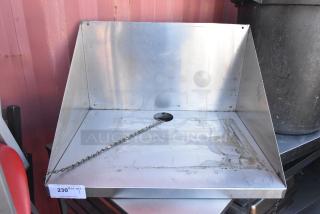 Metal shelf with back panel, hole for chains, sturdy structure, light wear, auction tag number 230.